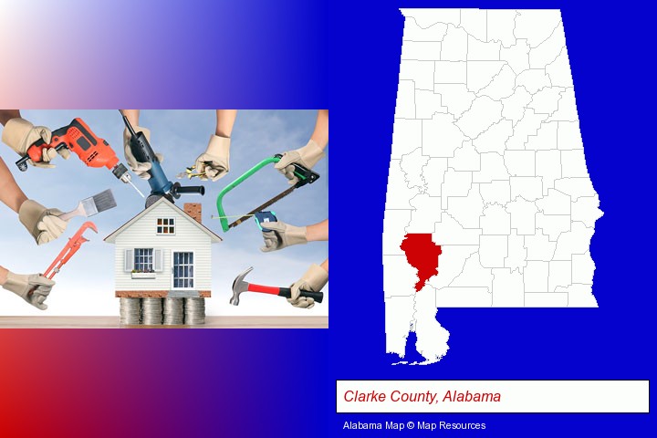 home improvement concepts and tools; Clarke County, Alabama highlighted in red on a map