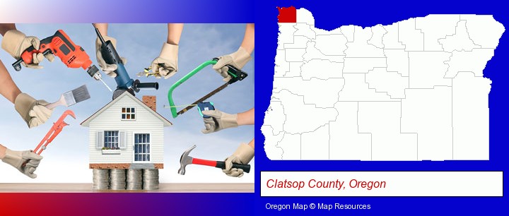 home improvement concepts and tools; Clatsop County, Oregon highlighted in red on a map