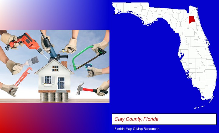 home improvement concepts and tools; Clay County, Florida highlighted in red on a map