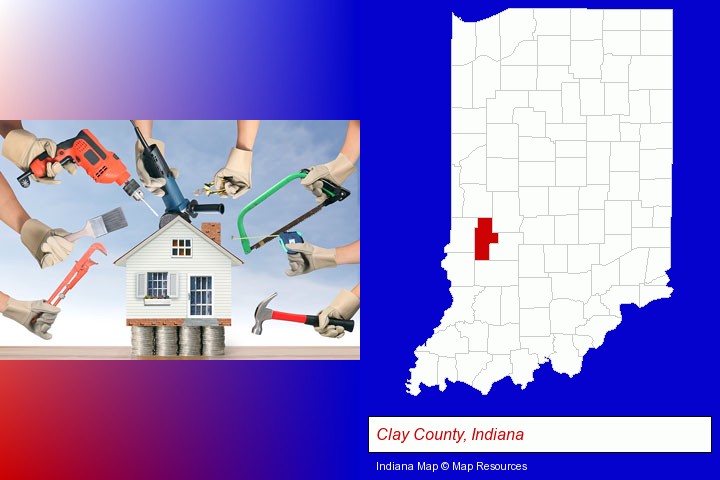 home improvement concepts and tools; Clay County, Indiana highlighted in red on a map