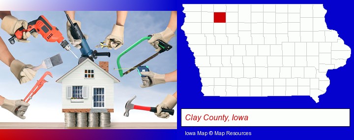 home improvement concepts and tools; Clay County, Iowa highlighted in red on a map