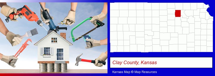 home improvement concepts and tools; Clay County, Kansas highlighted in red on a map