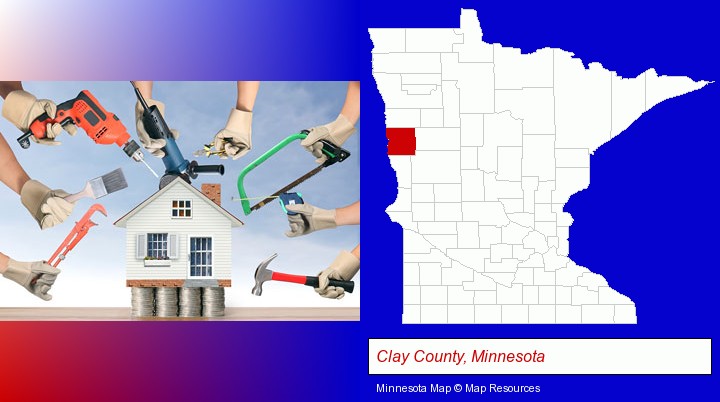 home improvement concepts and tools; Clay County, Minnesota highlighted in red on a map
