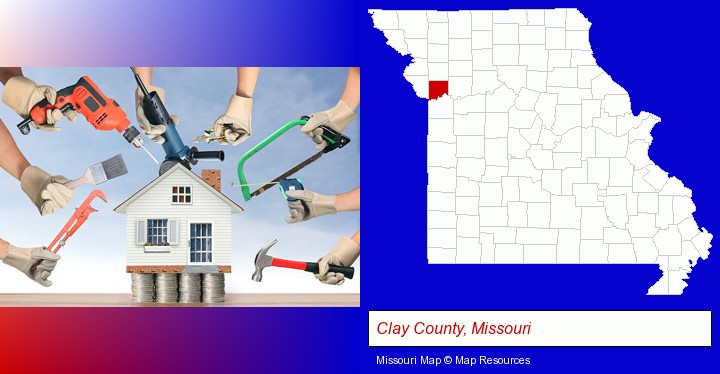 home improvement concepts and tools; Clay County, Missouri highlighted in red on a map