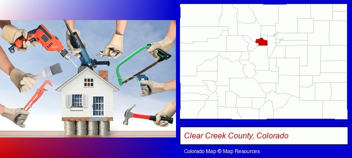 home improvement concepts and tools; Clear Creek County, Colorado highlighted in red on a map
