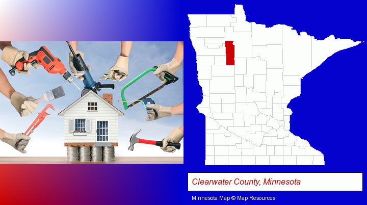 home improvement concepts and tools; Clearwater County, Minnesota highlighted in red on a map