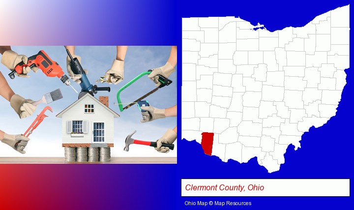 home improvement concepts and tools; Clermont County, Ohio highlighted in red on a map