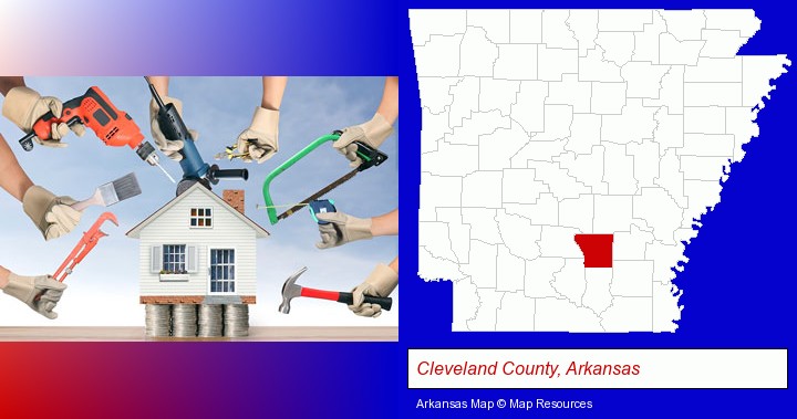 home improvement concepts and tools; Cleveland County, Arkansas highlighted in red on a map