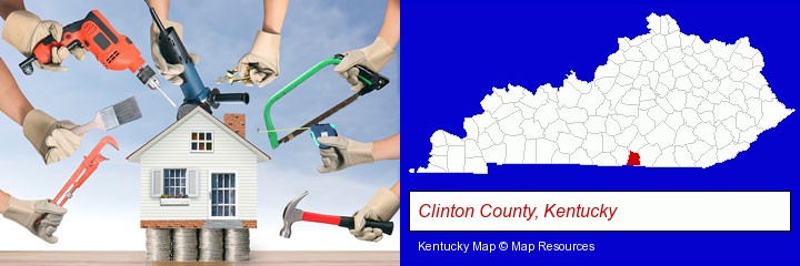 home improvement concepts and tools; Clinton County, Kentucky highlighted in red on a map