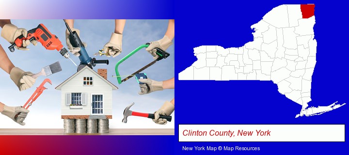 home improvement concepts and tools; Clinton County, New York highlighted in red on a map
