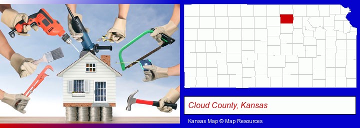 home improvement concepts and tools; Cloud County, Kansas highlighted in red on a map