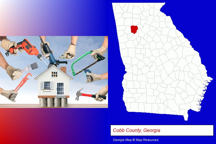home improvement concepts and tools; Cobb County, Georgia highlighted in red on a map