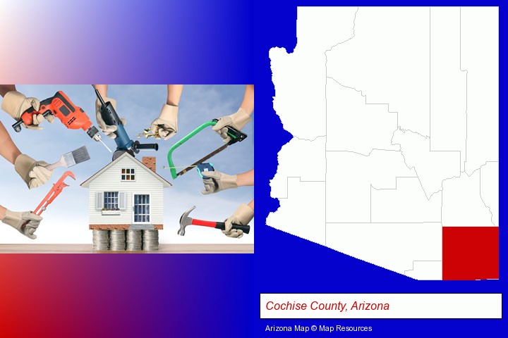 home improvement concepts and tools; Cochise County, Arizona highlighted in red on a map
