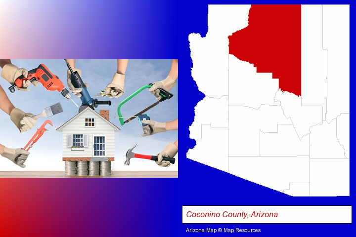 home improvement concepts and tools; Coconino County, Arizona highlighted in red on a map