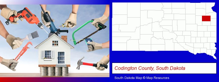 home improvement concepts and tools; Codington County, South Dakota highlighted in red on a map