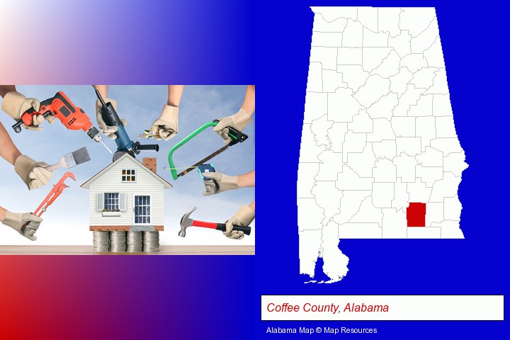 home improvement concepts and tools; Coffee County, Alabama highlighted in red on a map