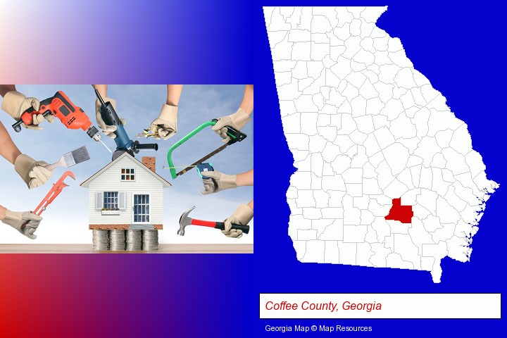 home improvement concepts and tools; Coffee County, Georgia highlighted in red on a map