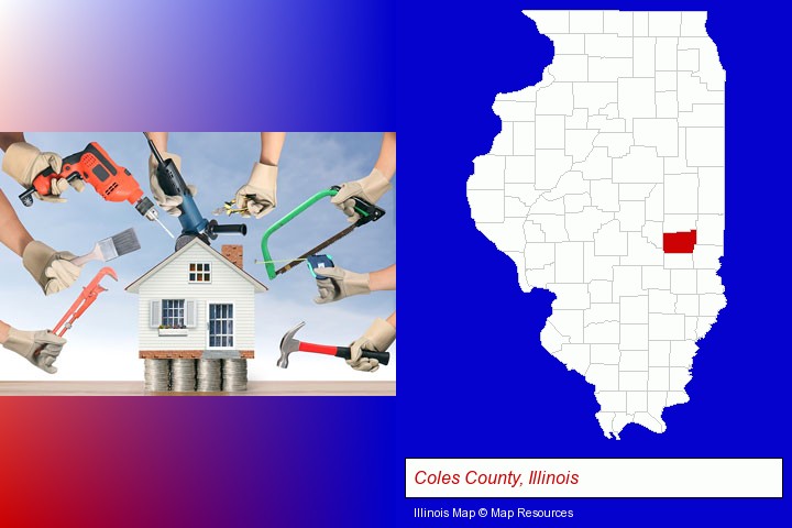 home improvement concepts and tools; Coles County, Illinois highlighted in red on a map