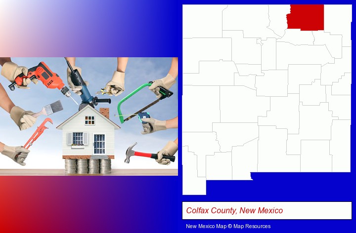 home improvement concepts and tools; Colfax County, New Mexico highlighted in red on a map
