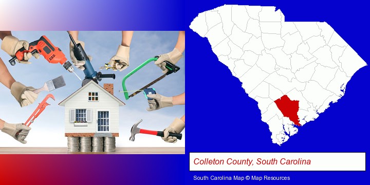 home improvement concepts and tools; Colleton County, South Carolina highlighted in red on a map