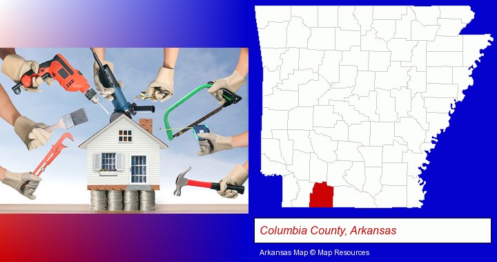 home improvement concepts and tools; Columbia County, Arkansas highlighted in red on a map