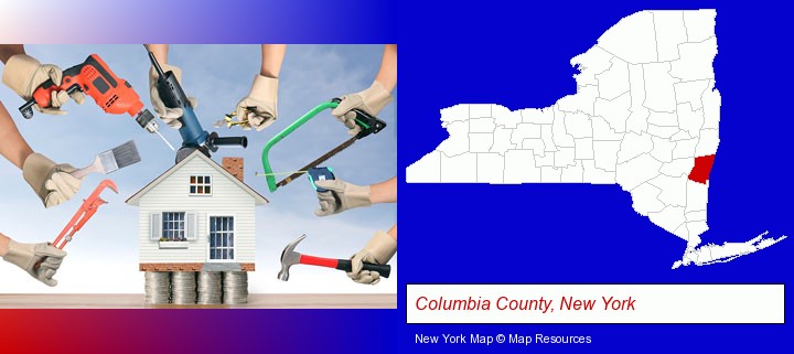 home improvement concepts and tools; Columbia County, New York highlighted in red on a map