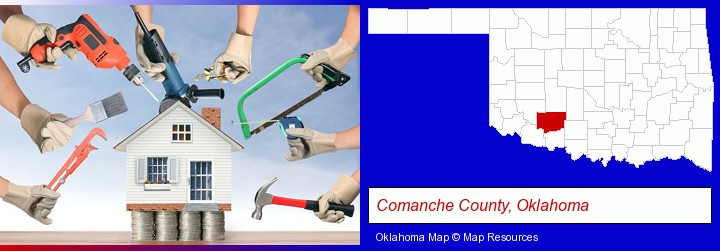 home improvement concepts and tools; Comanche County, Oklahoma highlighted in red on a map
