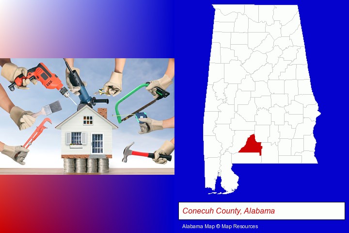 home improvement concepts and tools; Conecuh County, Alabama highlighted in red on a map