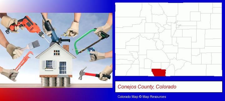 home improvement concepts and tools; Conejos County, Colorado highlighted in red on a map