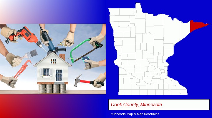 home improvement concepts and tools; Cook County, Minnesota highlighted in red on a map