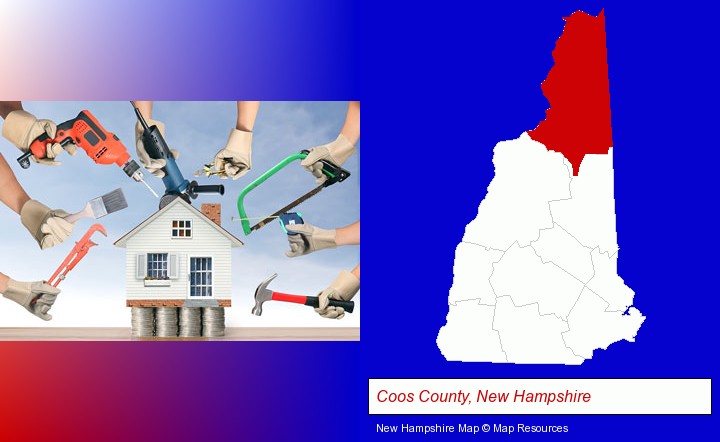 home improvement concepts and tools; Coos County, New Hampshire highlighted in red on a map