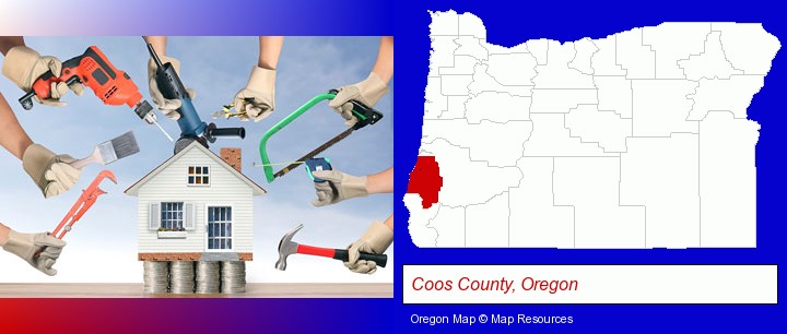 home improvement concepts and tools; Coos County, Oregon highlighted in red on a map