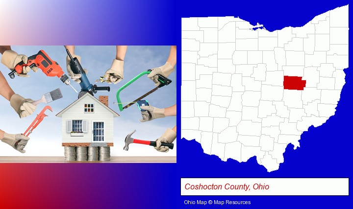 home improvement concepts and tools; Coshocton County, Ohio highlighted in red on a map