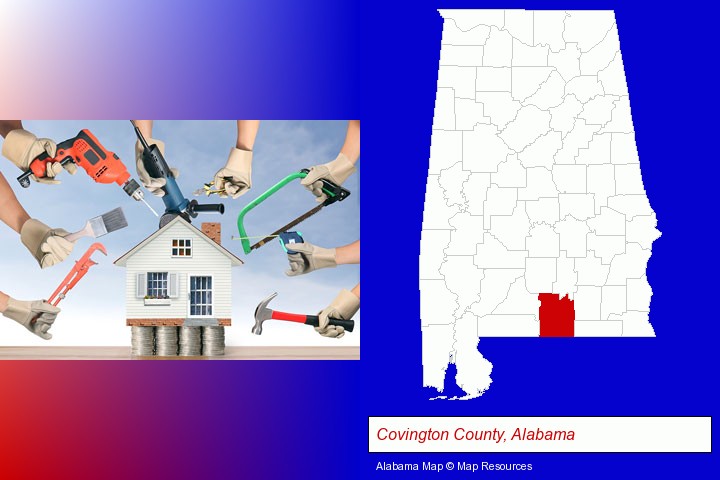 home improvement concepts and tools; Covington County, Alabama highlighted in red on a map