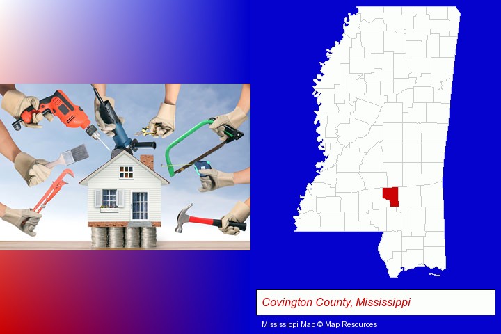 home improvement concepts and tools; Covington County, Mississippi highlighted in red on a map