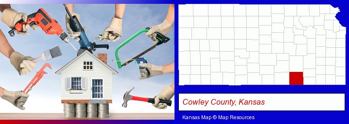 home improvement concepts and tools; Cowley County, Kansas highlighted in red on a map