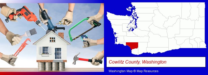 home improvement concepts and tools; Cowlitz County, Washington highlighted in red on a map