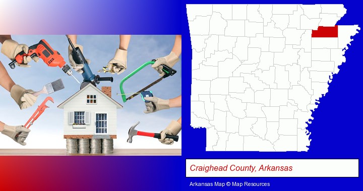 home improvement concepts and tools; Craighead County, Arkansas highlighted in red on a map