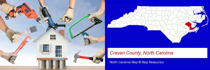 home improvement concepts and tools; Craven County, North Carolina highlighted in red on a map