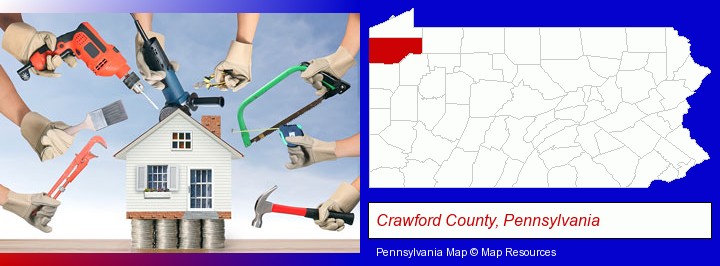 home improvement concepts and tools; Crawford County, Pennsylvania highlighted in red on a map