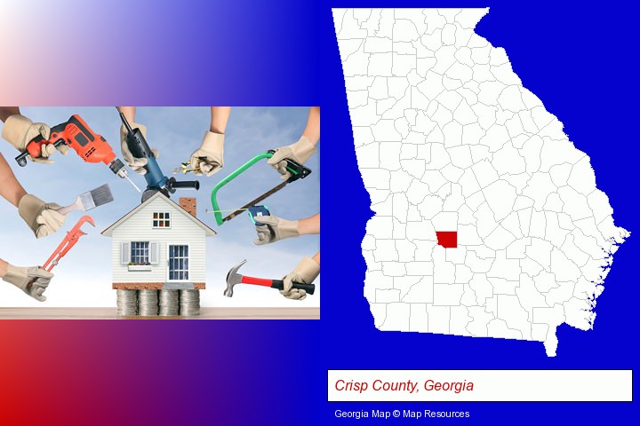 home improvement concepts and tools; Crisp County, Georgia highlighted in red on a map