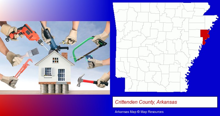 home improvement concepts and tools; Crittenden County, Arkansas highlighted in red on a map