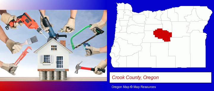 home improvement concepts and tools; Crook County, Oregon highlighted in red on a map