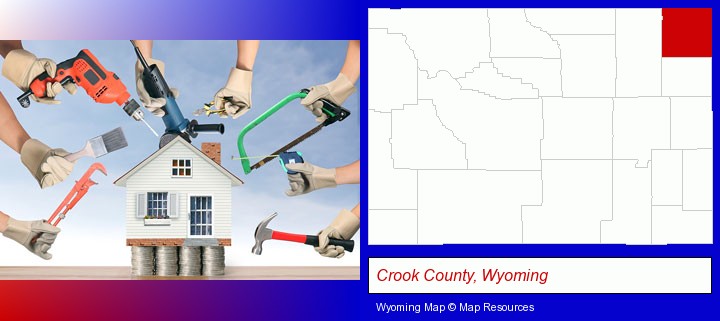home improvement concepts and tools; Crook County, Wyoming highlighted in red on a map