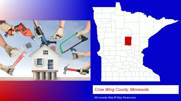 home improvement concepts and tools; Crow Wing County, Minnesota highlighted in red on a map