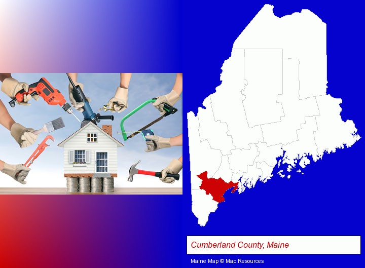 home improvement concepts and tools; Cumberland County, Maine highlighted in red on a map