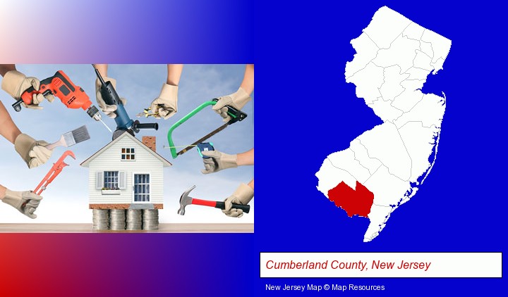 home improvement concepts and tools; Cumberland County, New Jersey highlighted in red on a map