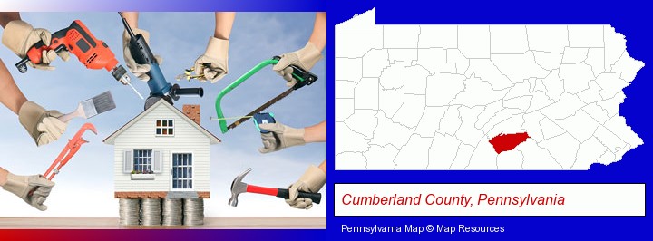 home improvement concepts and tools; Cumberland County, Pennsylvania highlighted in red on a map