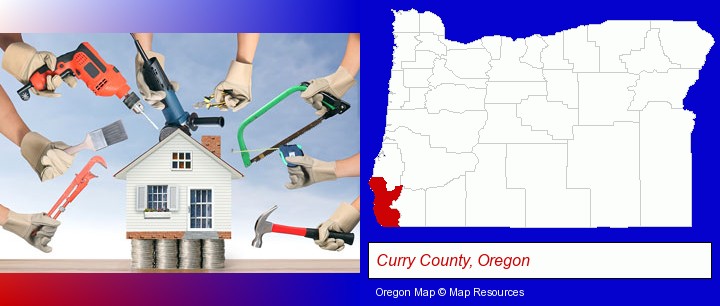 home improvement concepts and tools; Curry County, Oregon highlighted in red on a map