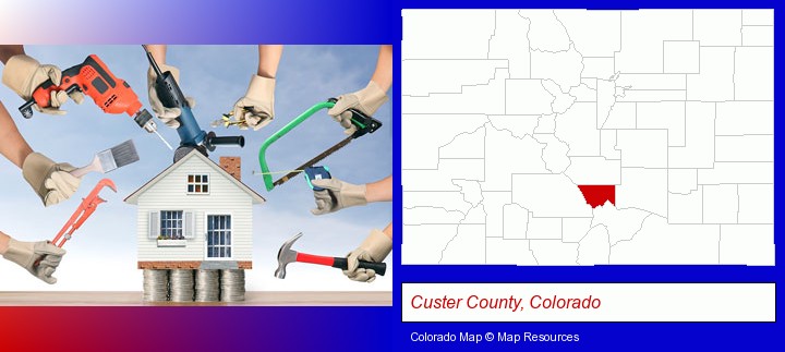 home improvement concepts and tools; Custer County, Colorado highlighted in red on a map
